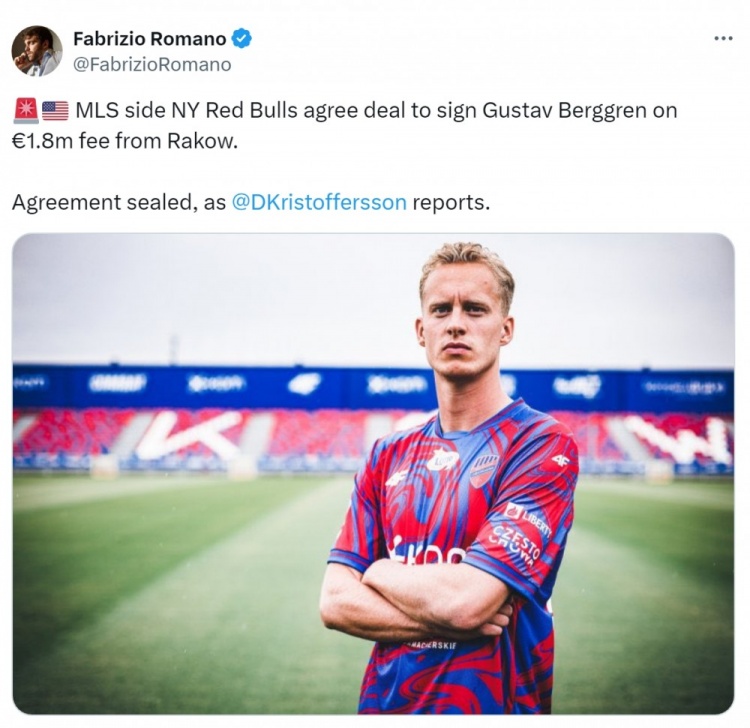 羅馬諾：紐約紅牛引進(jìn)瑞典中場(chǎng)貝爾格倫達(dá)成協(xié)議，轉(zhuǎn)會(huì)費(fèi)180萬歐