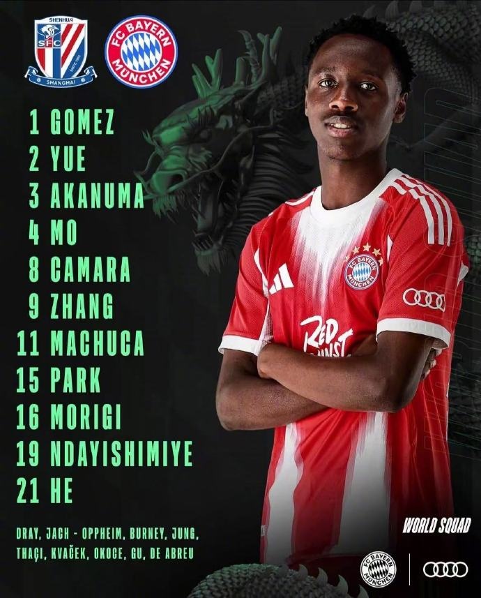 拜仁世界隊vs申花U19隊首發(fā)公布，中國三名球員均先發(fā)