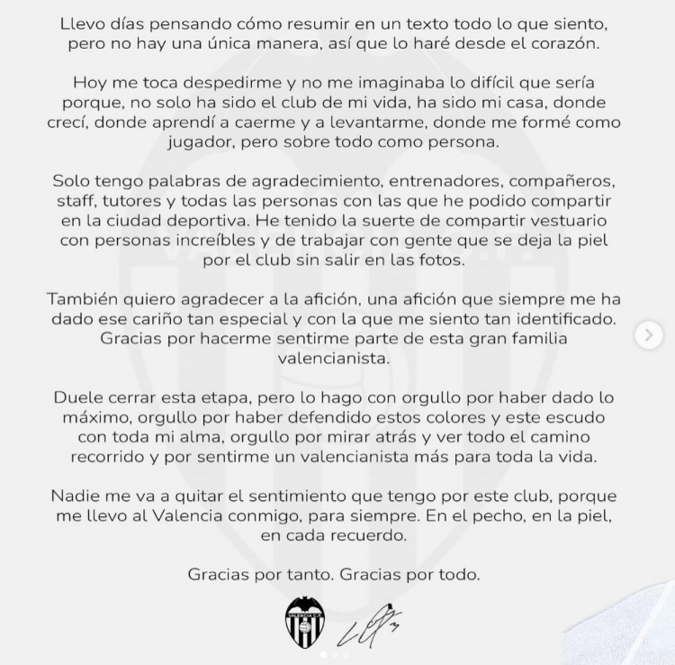 莫斯克拉告別信：結(jié)束這段旅程讓我心痛，我永遠是一名瓦倫西亞人