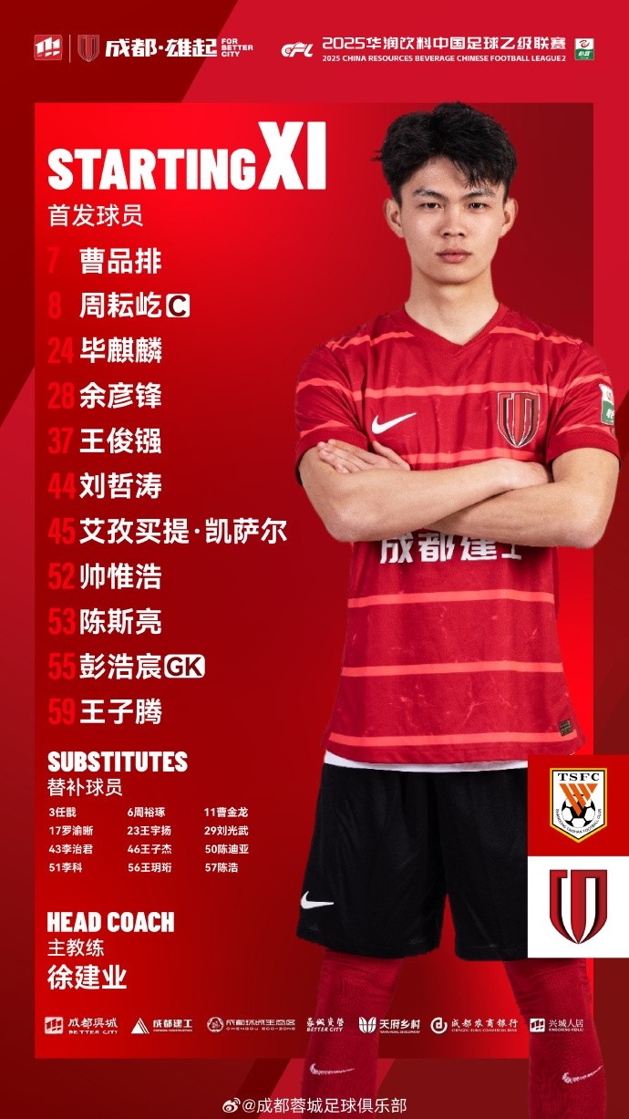 中乙沖甲組第23輪對陣山東泰山B隊(duì)，成都蓉城B隊(duì)首發(fā)出爐！