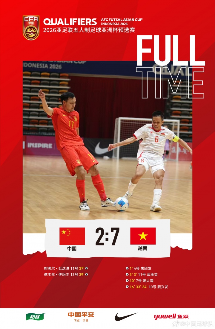 2026五人制亞洲杯預(yù)賽E組第二輪，中國隊2比7負(fù)于越南隊